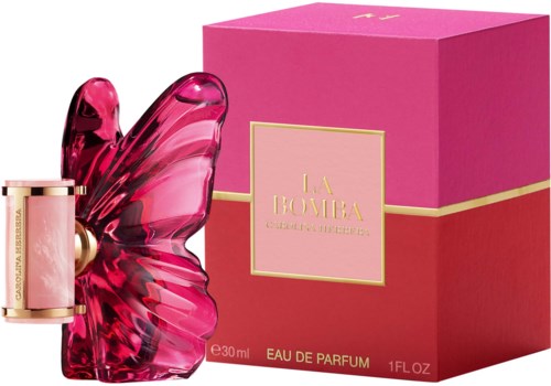 A pink butterfly-shaped perfume bottle next to a pink and gold box, labeled as a perfume.