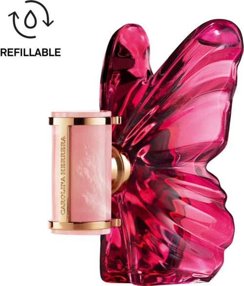 A pink butterfly-shaped perfume bottle with a gold accent and refillable feature.