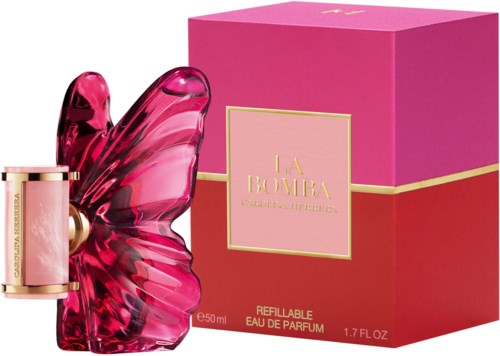 A pink butterfly-shaped perfume bottle with a gold and pink box background.