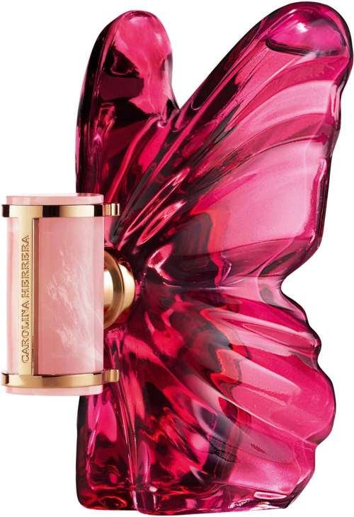 A pink butterfly-shaped perfume bottle with a gold ring and a small size. Elegant and vibrant design.
