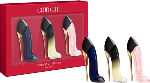 Vijf paar hoge hakken in zwart, roze, wit, blauw en nude in een rode doos met label God Girl.