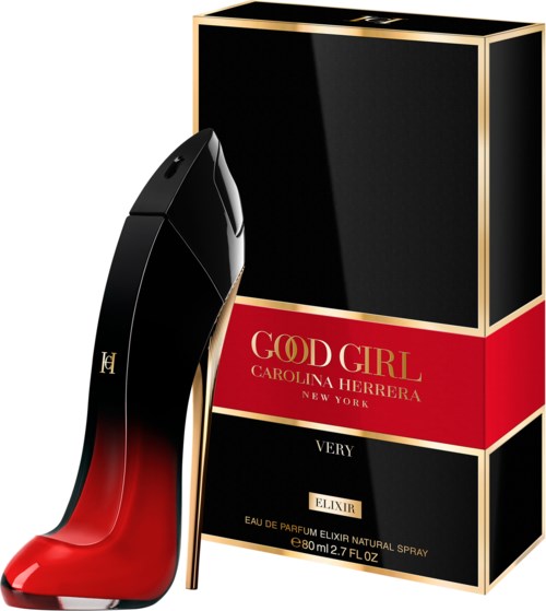 Hajuvesipullo, joka on muotoiltu korkokengäksi, ja sen vieressä on musta ja punainen laatikko. Hajuvesi nimi on 'Good Girl' by Carolina Herrera.