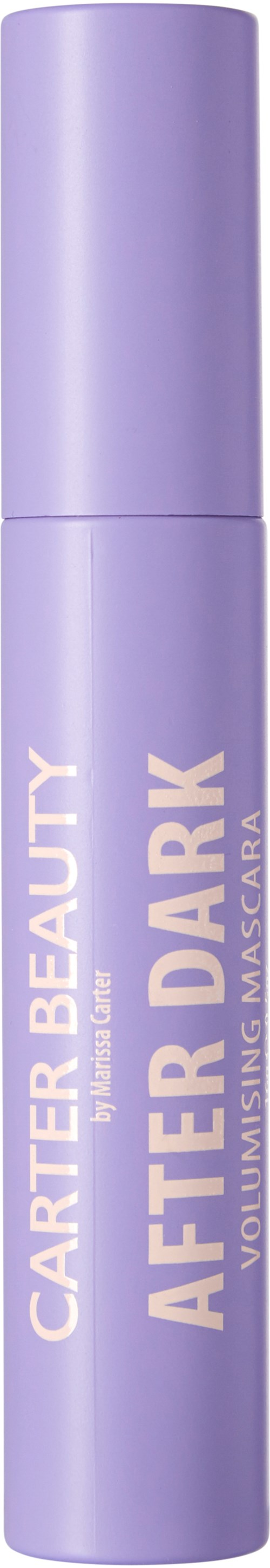 En lila tub med mascara märkt 'CARTIER BEAUTY AFTER DARK VOLUMIZING MASCARA'.