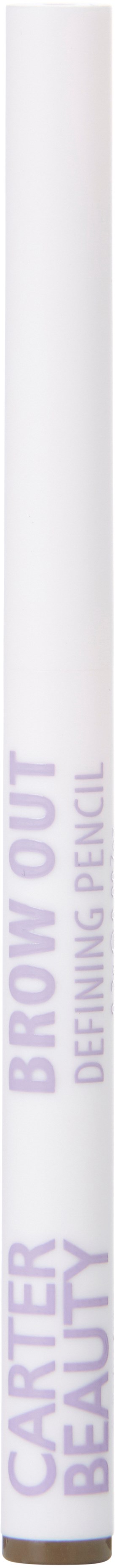 En hvit blyant med lilla tekst og hvit tupp, merket 'CARTER BEAUTY BROW OUT'.