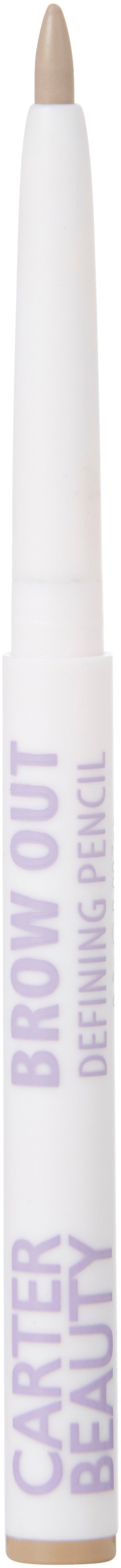 En vit penna med lila text som säger 'CARTER BEAUTY' och 'BROW OUT DEFINING PENCIL'.