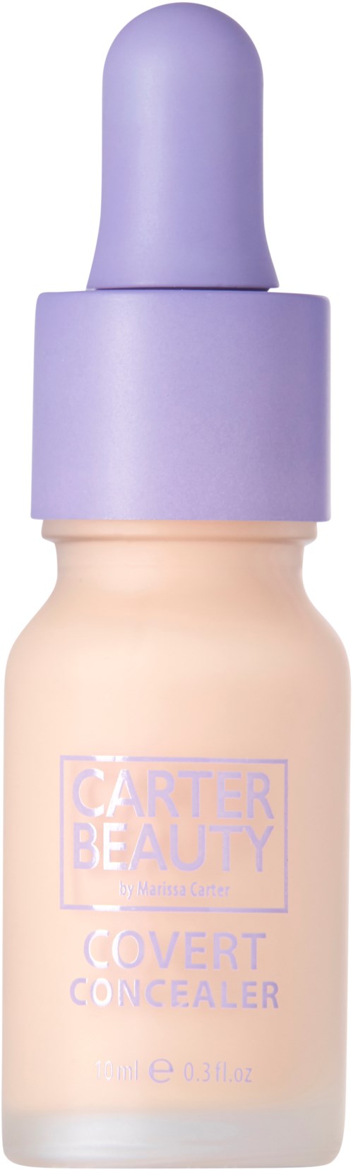 En beige flaska med lila lock och pipett, märkt 'Carter Beauty Covert Concealer' för hudtäckning.