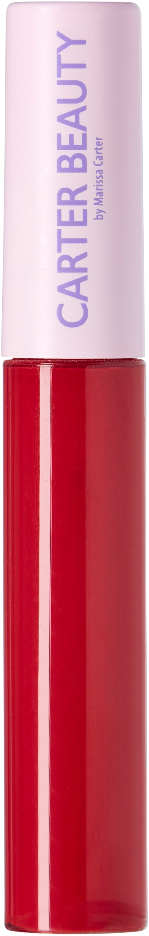 En röd läppglansrör med rosa lock märkt 'CARTIER BEAUTY' i lila.
