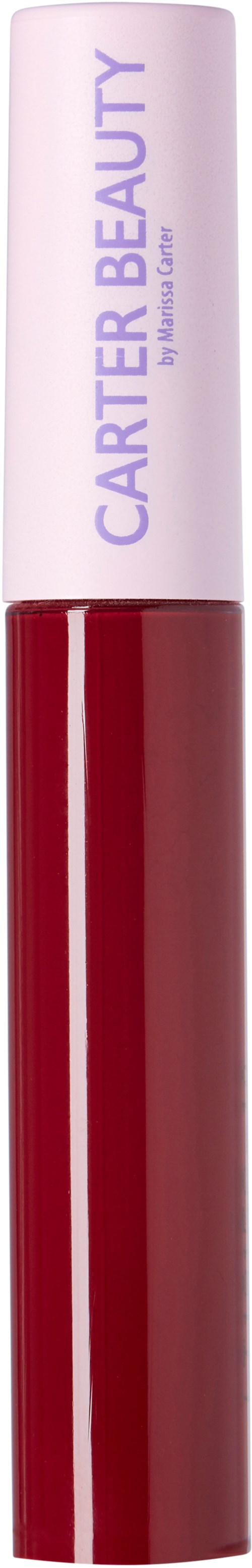 Ett rött läppstift med ljusrosa lock som är märkt 'CARTER BEAUTY' och 'LIP GLOSS'.
