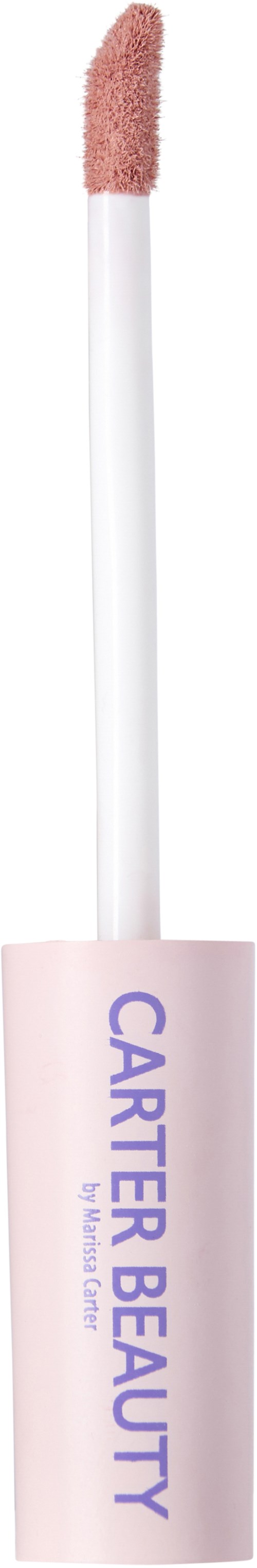 En glossapplikator med rosa läppglans, märkt Carter Beauty, på en vit pinne.