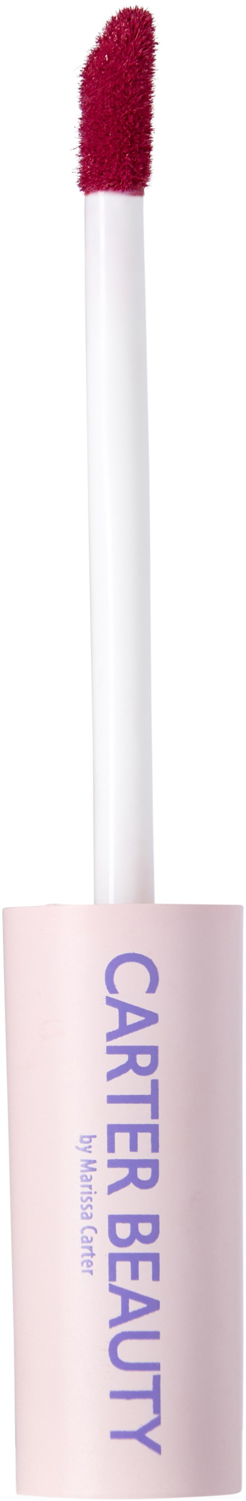 Läppglansborste med rosa spets och vit handtag märkt "Carter Beauty".