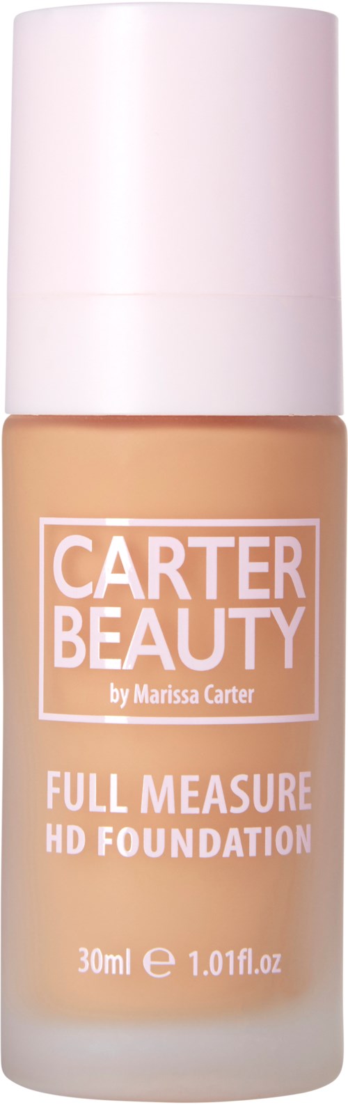 En flaske Carter Beauty Full Measure HD Foundation med hvit lokk og oransje etikett. Den rommer 30 ml.