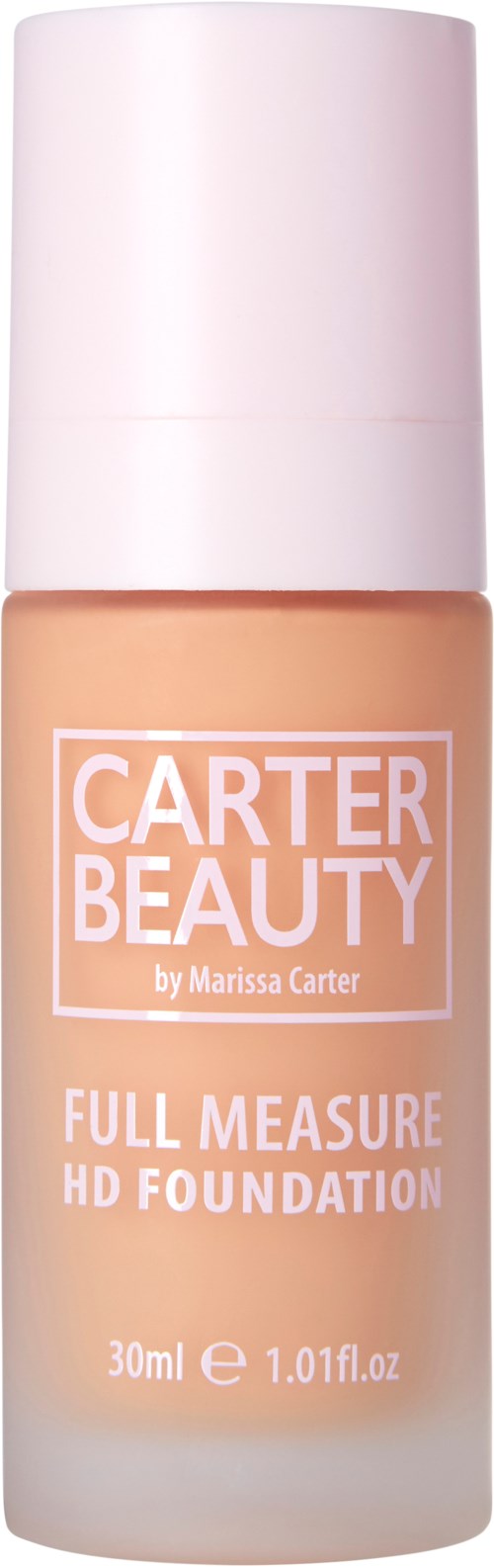 En flaska Carter Beauty Full Measure HD Foundation med rosa lock och beige vätska inuti.