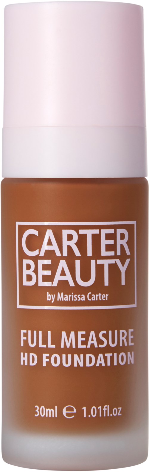 Flaskan är brun med en ljus rosa kork. Den är märkt Carter Beauty Full Measure HD Foundation.