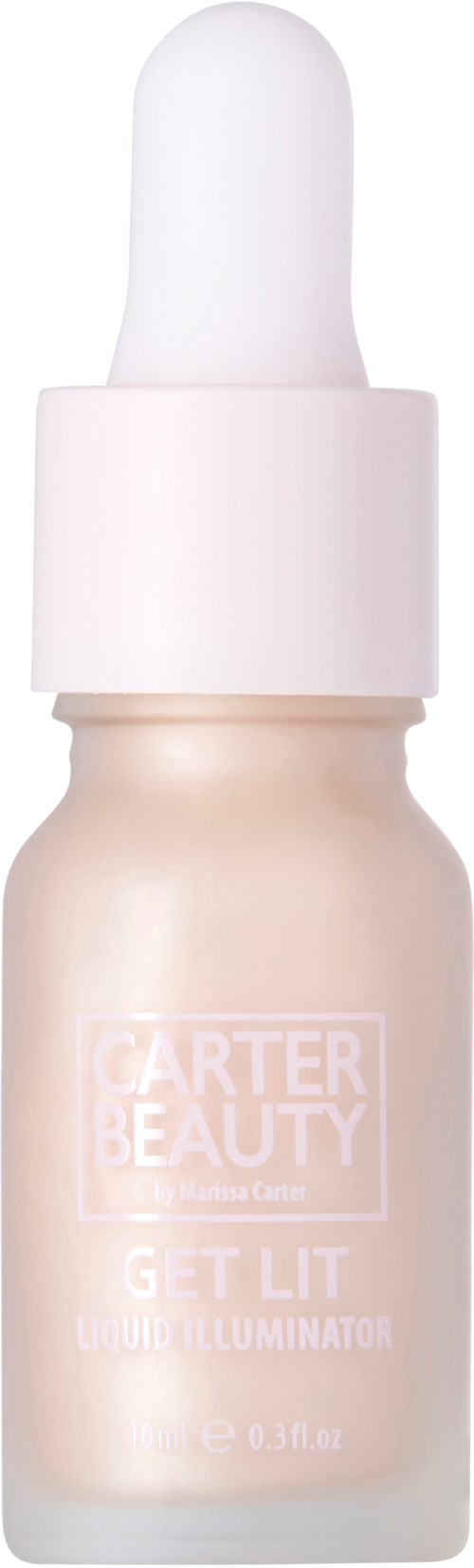 En liten beige flaska med vit pipettlock, märkt 'Carter Beauty Get Lit Liquid Illuminator'.