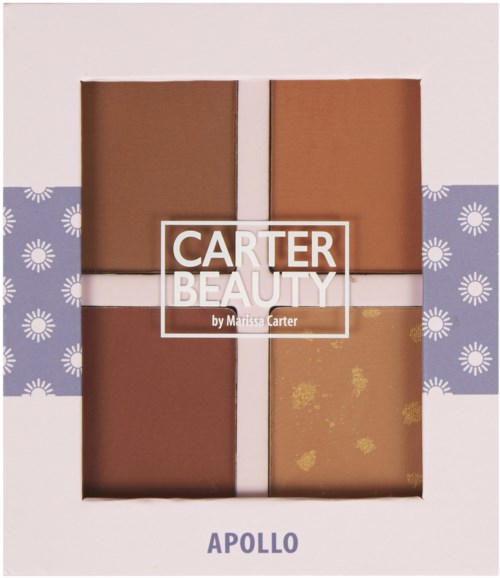 Sminkpaletter med olika nyanser av brunt och guld, märkta 'Carter Beauty' och 'Apollo' på boxen.