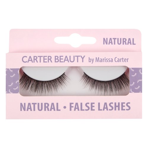 T false eyelashes in pink box labeled 'Natural' from Carter Beauty by Marissa Carter.