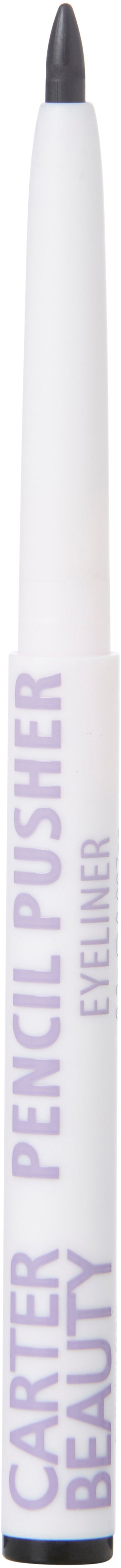 En hvid eyeliner pen med lilla tekst, der siger "CARTIER BEAUTY PENCIL PUSHER".