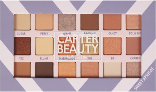 Palett med 16 olika nyanser av rouge, highlighter och ögonskuggor i en lila och vit box.