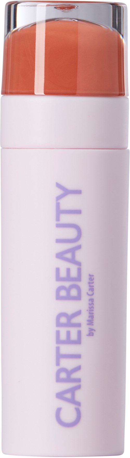 En vit flaska med ett tydligt lock som innehåller en persikofärgad vätska, märkt 'CARTER BEAUTY' och 'FACE CREAM'.