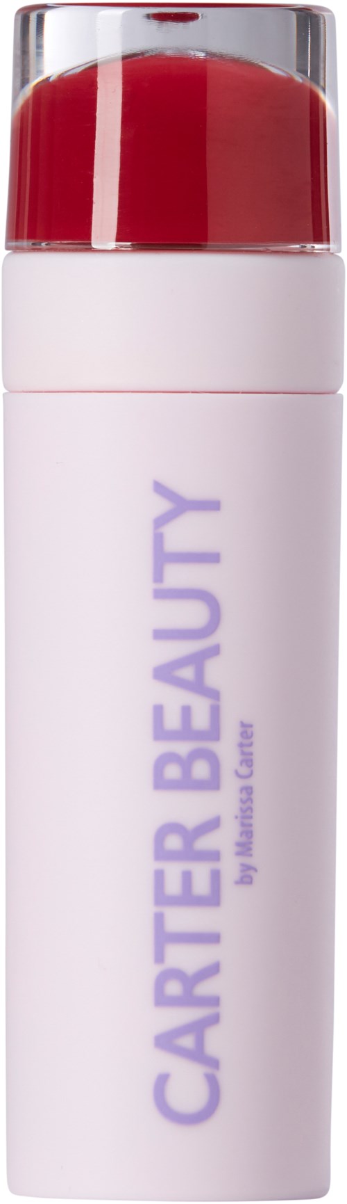 En vit flaska med ett transparent rött lock, märkt 'CARTER BEAUTY'.