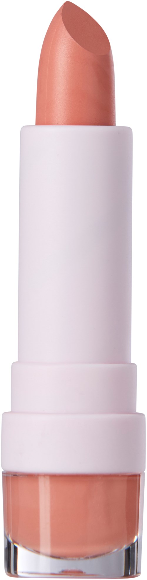 En beige läppstift i ett vitt rör med en tydlig bottenkapsel.