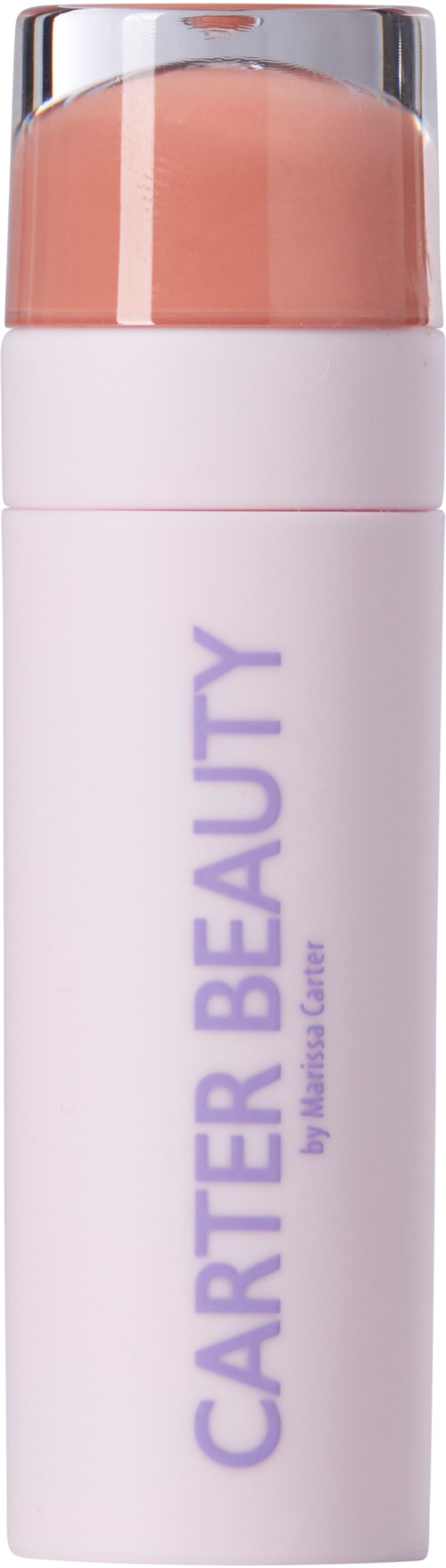 En vit hudvårdsflaska med genomskinlig kork, märkt 'CARTER BEAUTY', och en rosa vätska inuti.