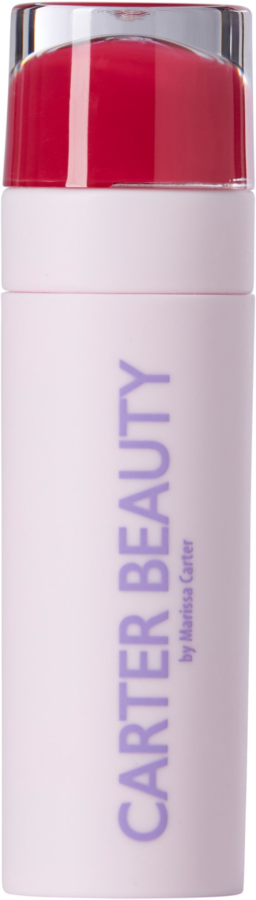 En vit flaska med lila text, med röd topp, märkt Carter Beauty.