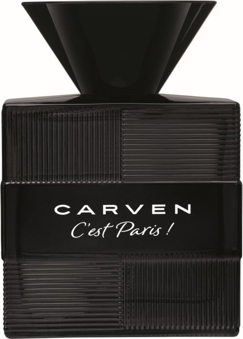 En svart rektangulär parfymflaska med ett stort, trattformigt lock och texten "CARVEN C'est Paris!" på.