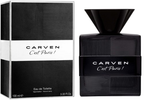 En parfyllflaska och förpackning med svart och vitt design, märkt "Carven C'est Paris!" och en svart kork.