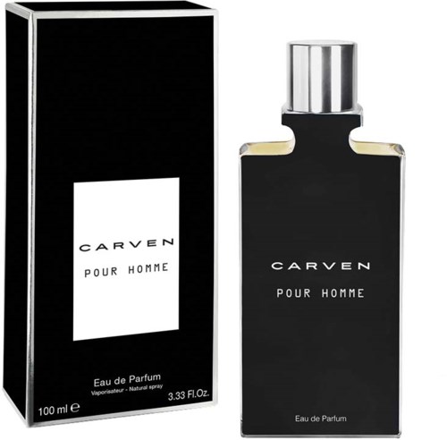 A black perfume bottle labeled 'CARVEN POUR HOMME' with matching box next to it.