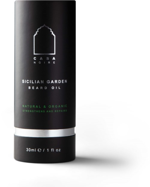 En svart tub med skäggolja som heter 'Casa Noire'. Den kallas Sicilian Garden, naturlig, ekologisk, för att stärka och reparera.