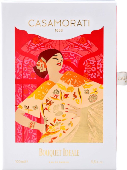 En box med en färgglad illustration av en kvinna i en blommig kimono, röd bakgrund och texten Casamorati Bouquet Ideale.