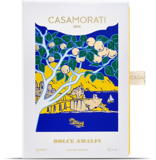 En vit ask med färgstark konst av ett träd, byggnader och en båt, märkt Casamorati, Dolce Amalfi, 30 ml parfym.