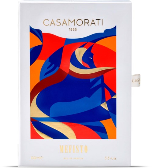 Färgglad abstrakt konst med röda, blå, orange och beige former, och orden 'CASAMORATI' och 'MISTO'.