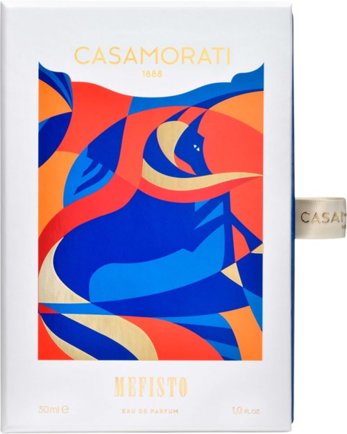 En parförrkastong med färgglad abstrakt konst, märket Casamorati, och doftnamnet Hefisto.