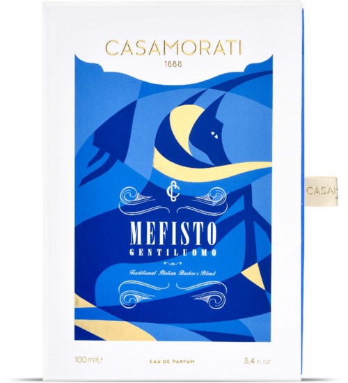En parfymask med blå design, guldtext och en måne och våg illustration. Innehåller Mefisto Gentiluomo parfym.