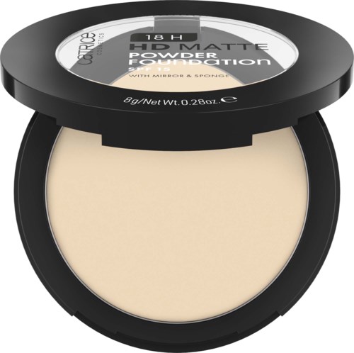 En kompakt makeup-puder med svart runt fodral, tydligt lock som visar produktdetaljer, och beige puder inuti.