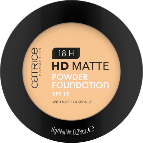 A round compact of Catrice HD Matte Powder Foundation with SPF 15, mirror, and sponge included inside.