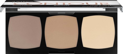 A makeup palette with three shades of powder foundation or concealer, housed in a black case with a mirror.