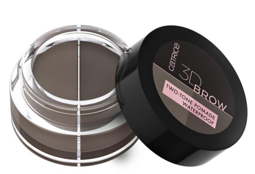 Ein schwarzer Behälter mit wasserdichter Zweiton-Brauenpomade, geöffnet, um die dunkelbraune Substanz zu zeigen.