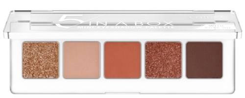 En makeup-palett med fem nyanser: glittrande guld, beige, orange, brunskimmrig röd och mörkbrun.