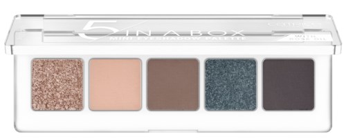 A makeup palette with five different colors, including glittery, matte, and shimmer shades.