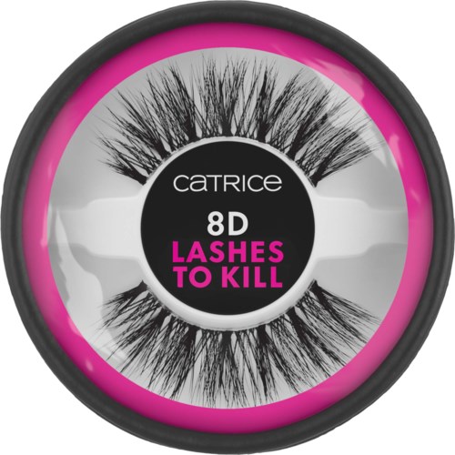 Circular box of false eyelashes with black lashes and pink and white text inside. The label says "Catrice 8D Lashes to Kill."