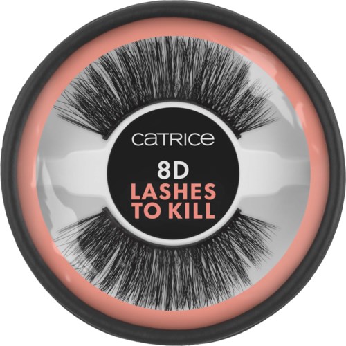 A round container of false eyelashes labeled "Catrice 8D Lashes to Kill" with black lashes inside.
