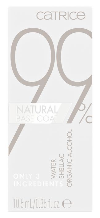 En vit flaska visar Catrice 99% naturlig baslack med vatten, shea och ekologisk alkohol och säger "endast 3 ingredienser."