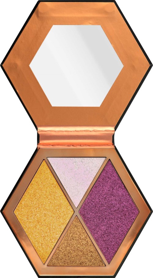 En make-up-palett med fem färgglada glittriga ögonskuggor och en spegel inuti locket.