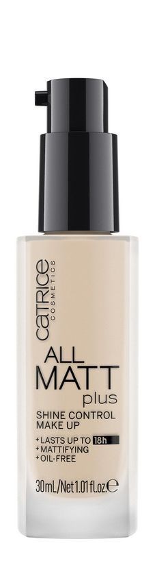 A bottle of Catrice All Matt Plus Shine Control Makeup, containing 30ml, with a pump top in black and beige label.