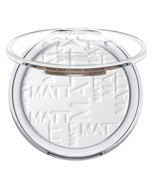 A round compact with white powder inside, covered by a clear lid with text, likely a cosmetic product.