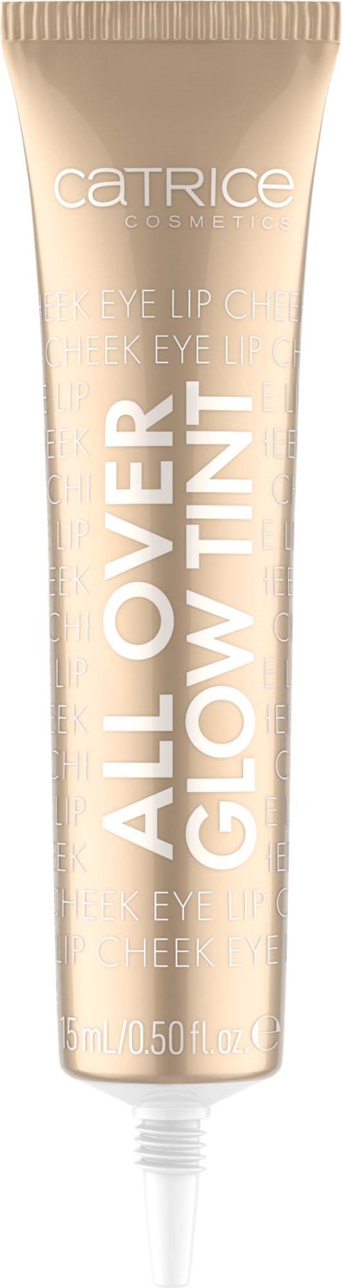 En beige tube merket 'Catrice All Over Glow Tint' for øyne, lepper og kinder med en liten applikatorspiss.