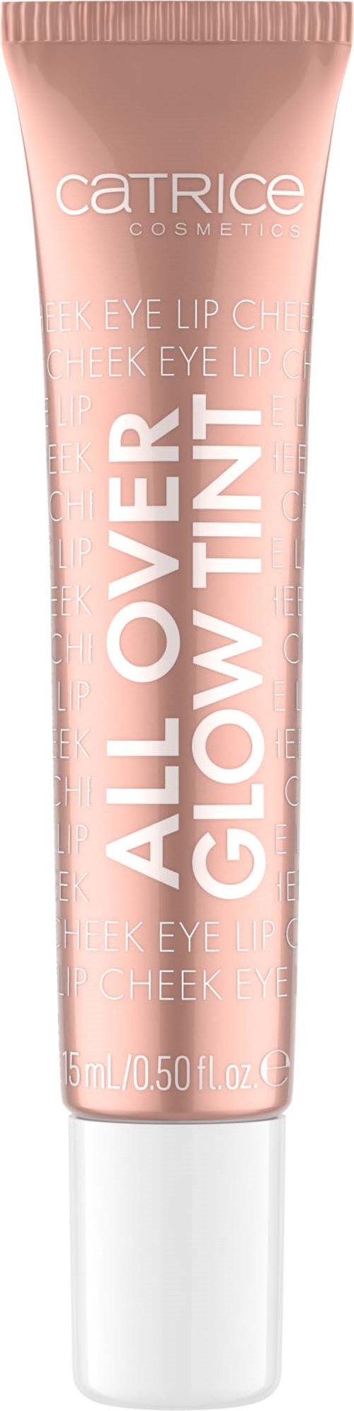 Rosa tube med hvit tekst, merket 'Over All Over Glow Tint' for lepper og kinn.
